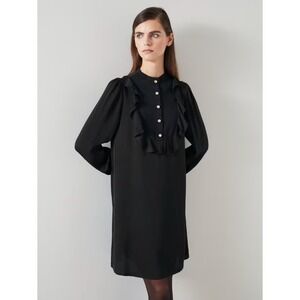 LK Bennett Daisy Black Crepe Dress Ruffle Neck Long Sleeve Size 2‎